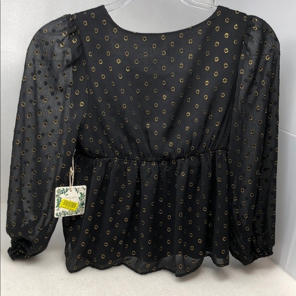NEW Chelsea & Violet Top Black Gold Babydoll Sheer Sleeve Blouse Girls M 10/12 - Picture 3 of 14